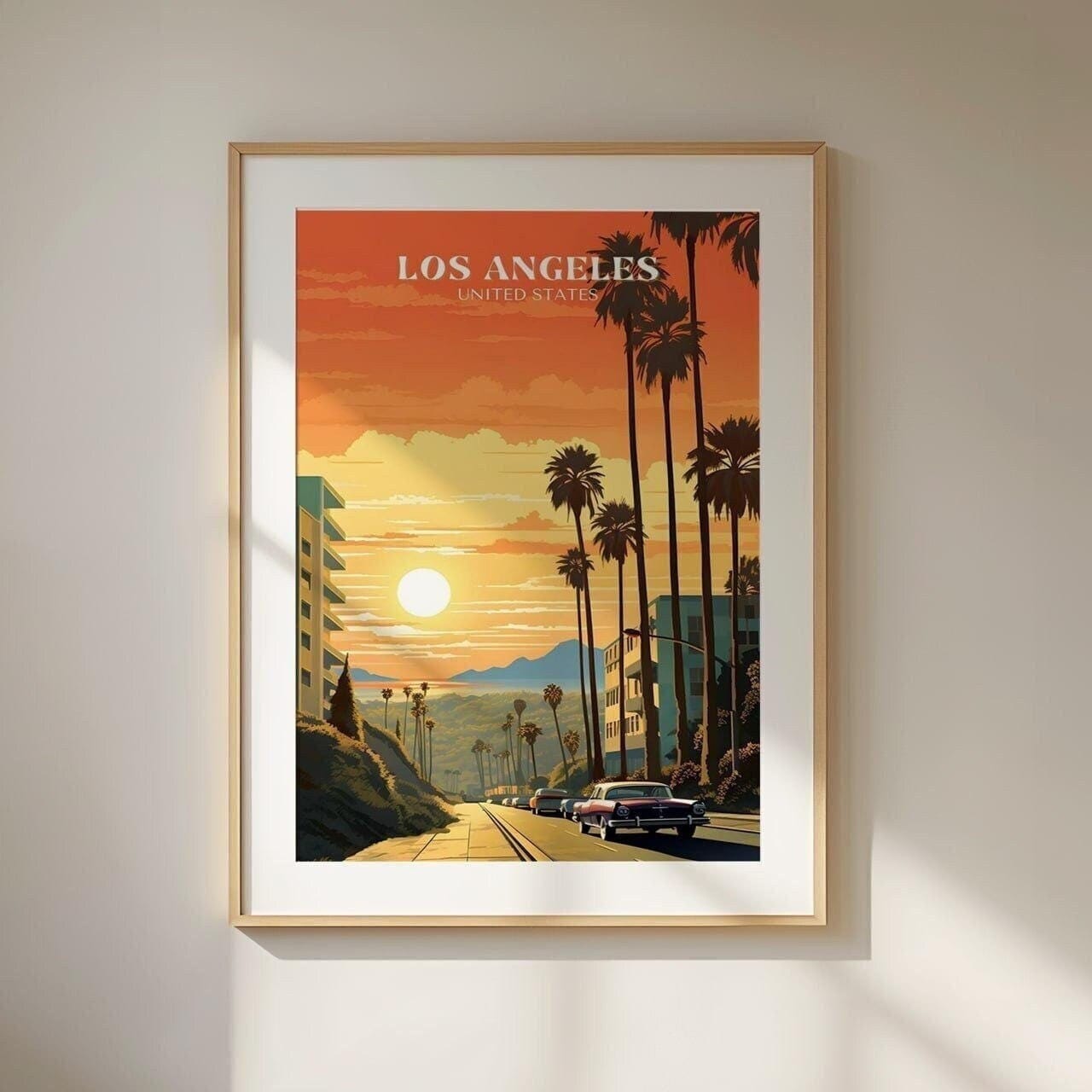 ロサンゼルス旅行ポスター、カリフォルニアの夕日を描いたウォール