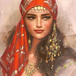 Impresión artística de retrato de mujer bohemia: belleza gitana exótica con pañuelo rojo. Decoración de pared femenina y empoderante para hogares eclécticos o atrevidos.