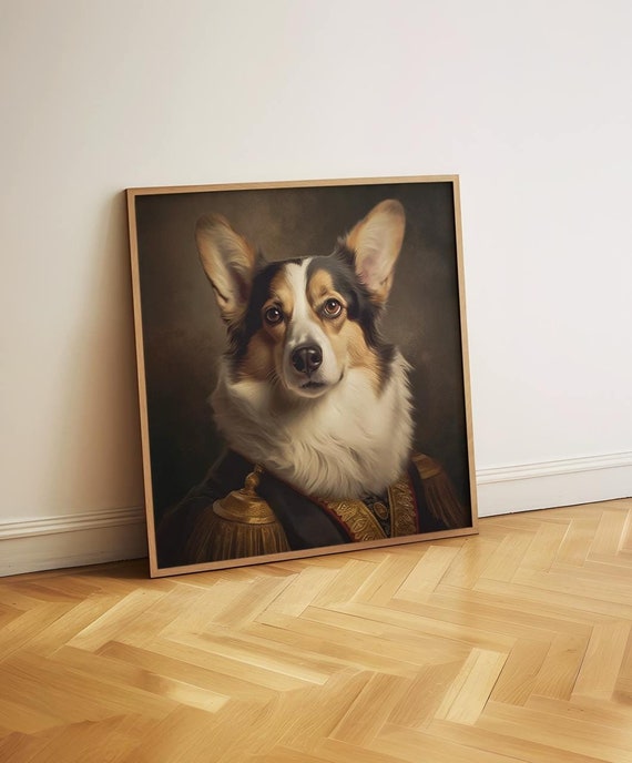 Regal Corgi Wall Art, Funny Royal Pet Portrait, Noble Dog Painting