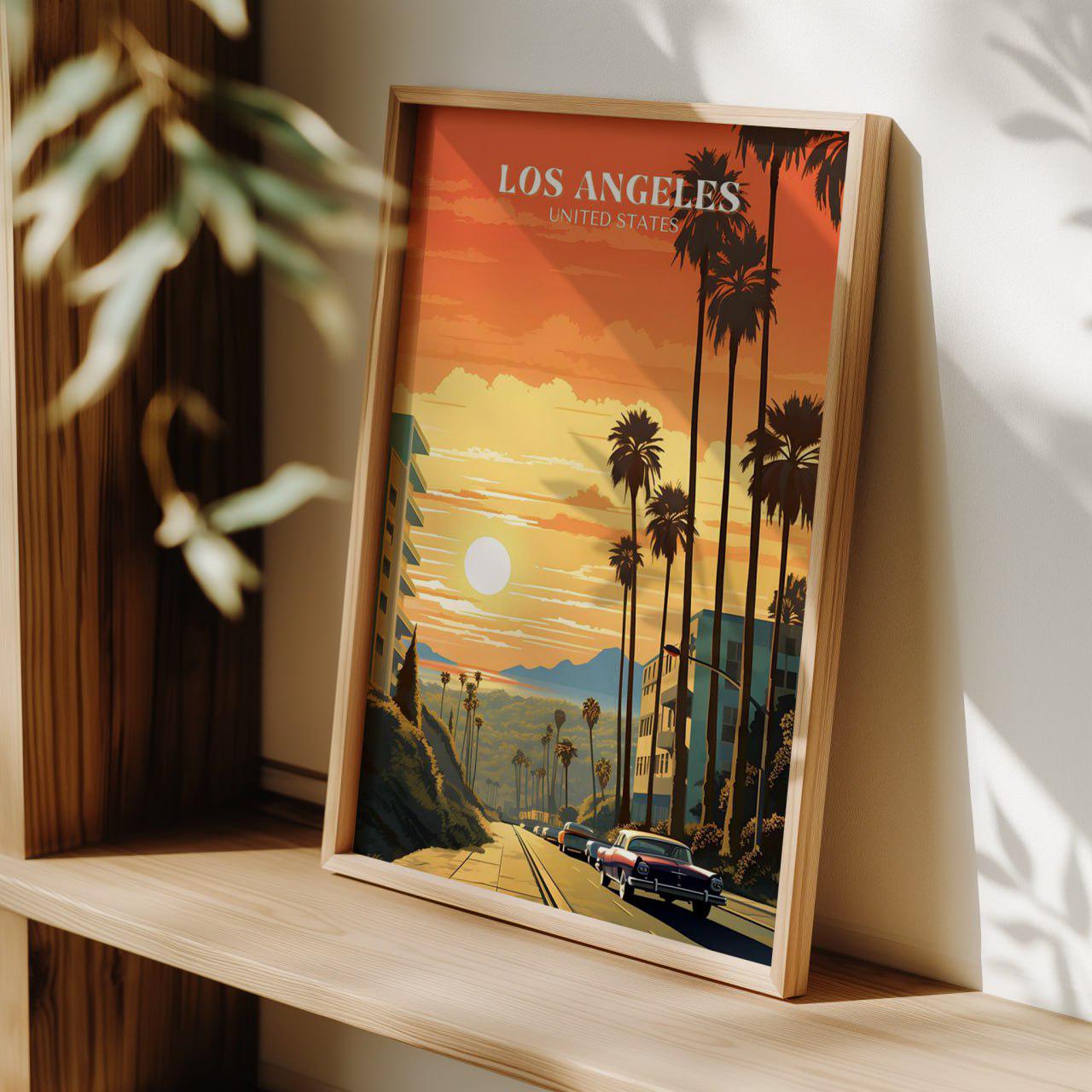 ロサンゼルス旅行ポスター、カリフォルニアの夕日を描いたウォール