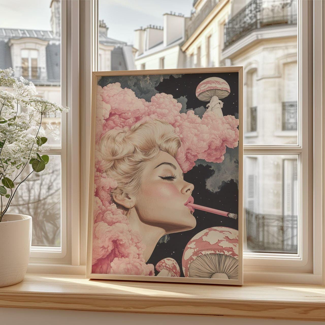 Retro Pink Smoke Poster, Pin-Up Girl with Mushrooms and Cloudy Pink Smoke, Vintage Style Wall Art, Dreamy Pop Art, Unique Retro Home Decor