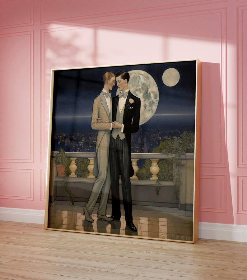 Gay Couple Art Print LGBTQ Romantic Wall Art Moonlit Love Scene Modern