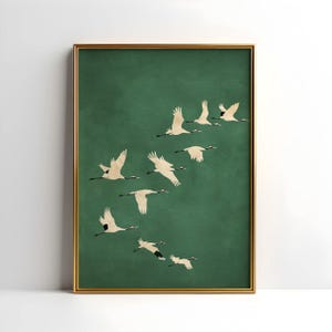Stampa murale Emerald Cranes - Elegante poster di uccelli giapponesi - Decorazione naturale minimalista per casa, ufficio, camera da letto e spazi estetici zen