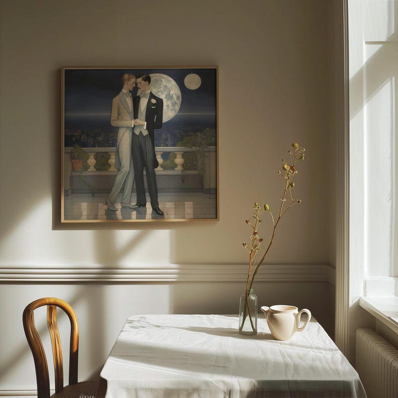 Gay Couple Art Print LGBTQ Romantic Wall Art Moonlit Love Scene Modern