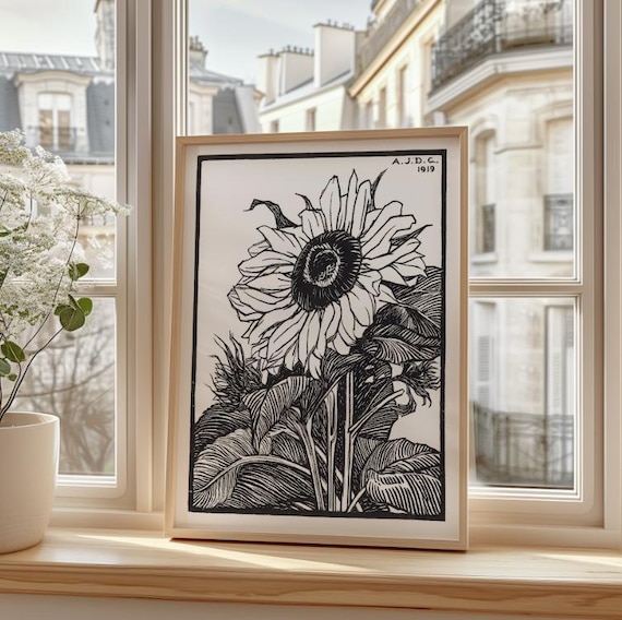 ヴィンテージのひまわりの植物プリント - 黒と白の花の線画イラスト