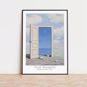 Conhecimento de René Magritte - Arte de parede azul, pôster de exposição | Impressão de porta surrealista azul | Arte de paisagem costeira, tamanho grande