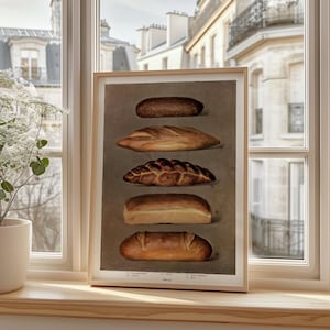 affiche vintage de types de pain - impression d'art mural de boulangerie ancienne - décoration de cuisine rustique ou cadeau culinaire pour les chefs, les boulangers et les amateurs de cuisine