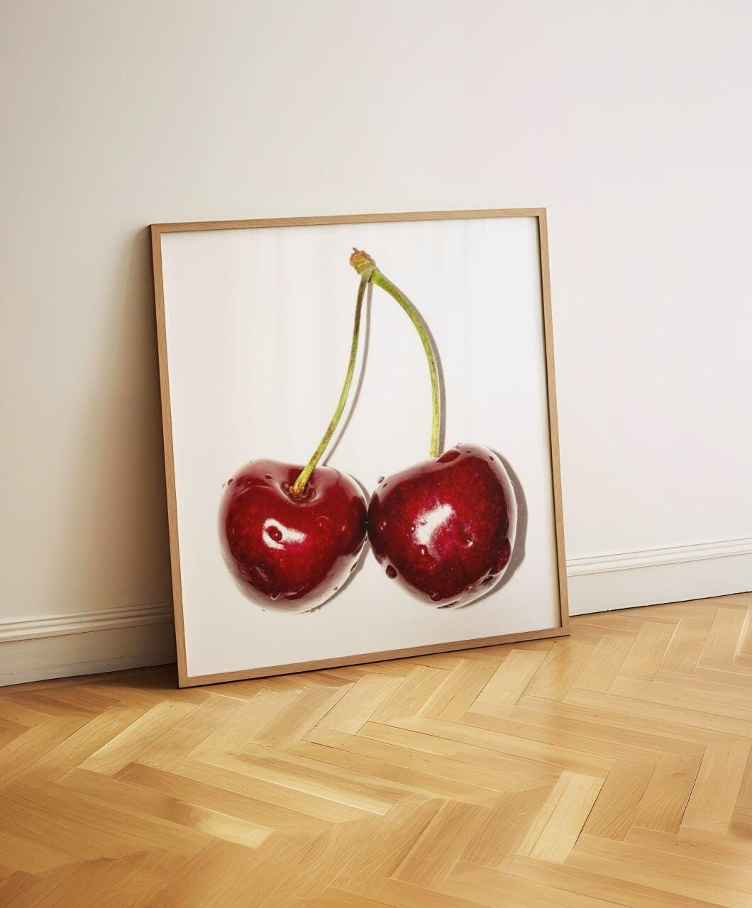 Fresh Cherry Art Print - Close-Up of Juicy Red Cherries with Water Droplets, Modern Wall Decor for Kitchen, Dining Room, or Fruit Lovers