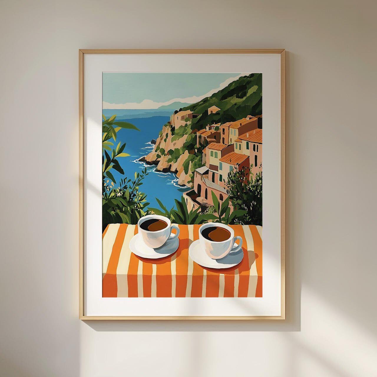 Coastal Landscape Poster With Two Coffee Cups, Colorful Vintage