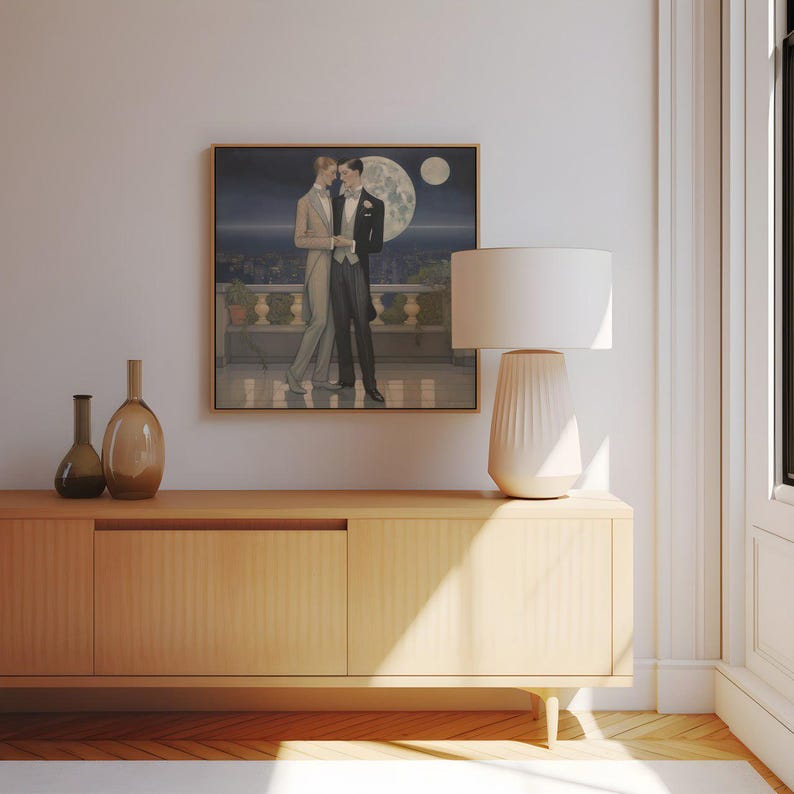 Gay Couple Art Print LGBTQ Romantic Wall Art Moonlit Love Scene Modern