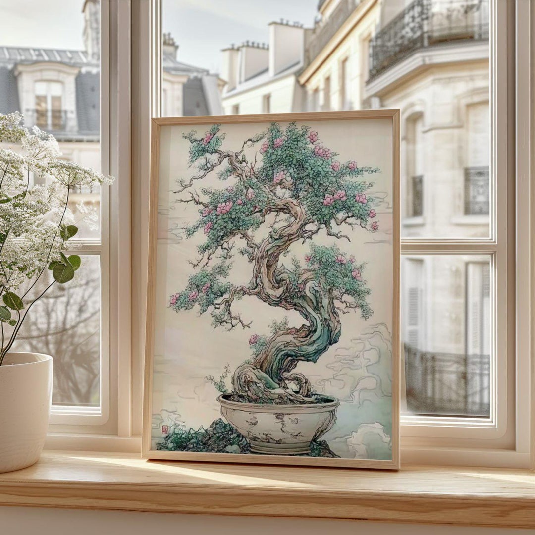 【蔵出し】額装 額縁 絵画 盆栽 松 アート 作品 静物画 日本画風 骨董品 ヴィンテージ盆栽アートプリント - 日本の伝統的な自然ポスター