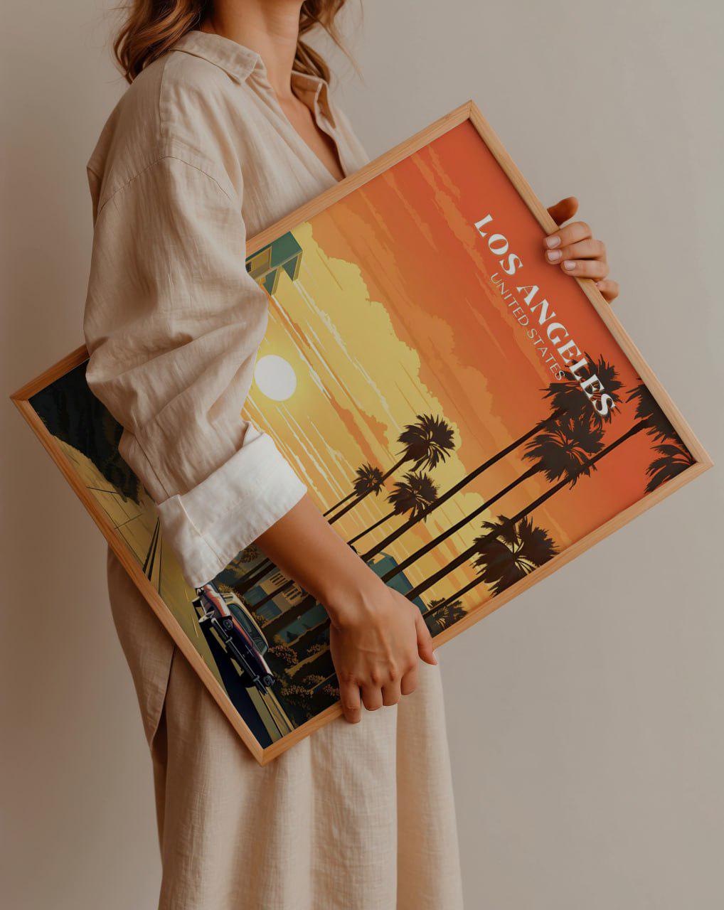 ロサンゼルス旅行ポスター、カリフォルニアの夕日を描いたウォール