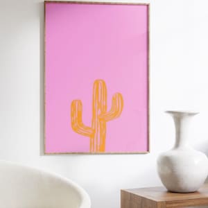 Minimalistisches Kaktus Poster - einzigartige orange Wüstenpflanze Illustration auf rosa Hintergrund für modernes Wanddekor, Schlafzimmer, Büro oder Boho Space