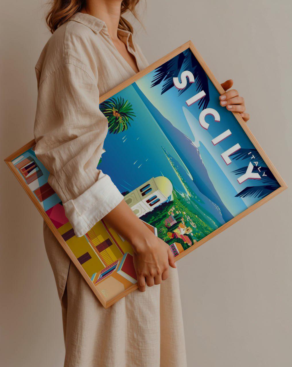 シチリア旅行ポスター、イタリア沿岸ヴィンテージウォールアート