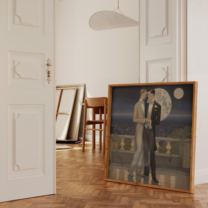 Gay Couple Art Print LGBTQ Romantic Wall Art Moonlit Love Scene Modern