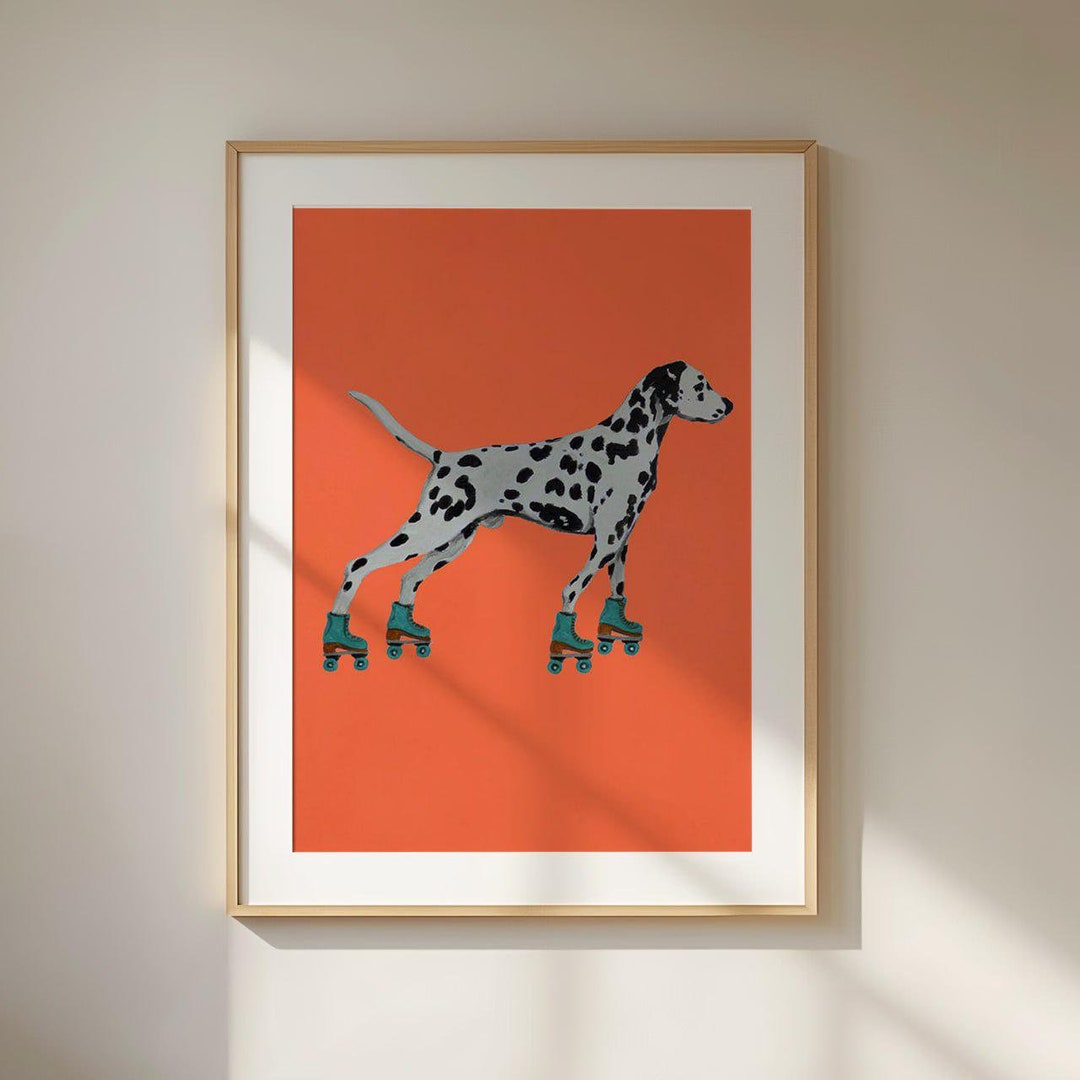 ダルメシアンのローラースケートのポスター、風変わりな動物のウォールアート、楽しくてモダンな犬のイラスト、鮮やかなオレンジ色の壁飾り、遊び心のあるホームデコレーション  - Etsy 日本, image size:1080x1080