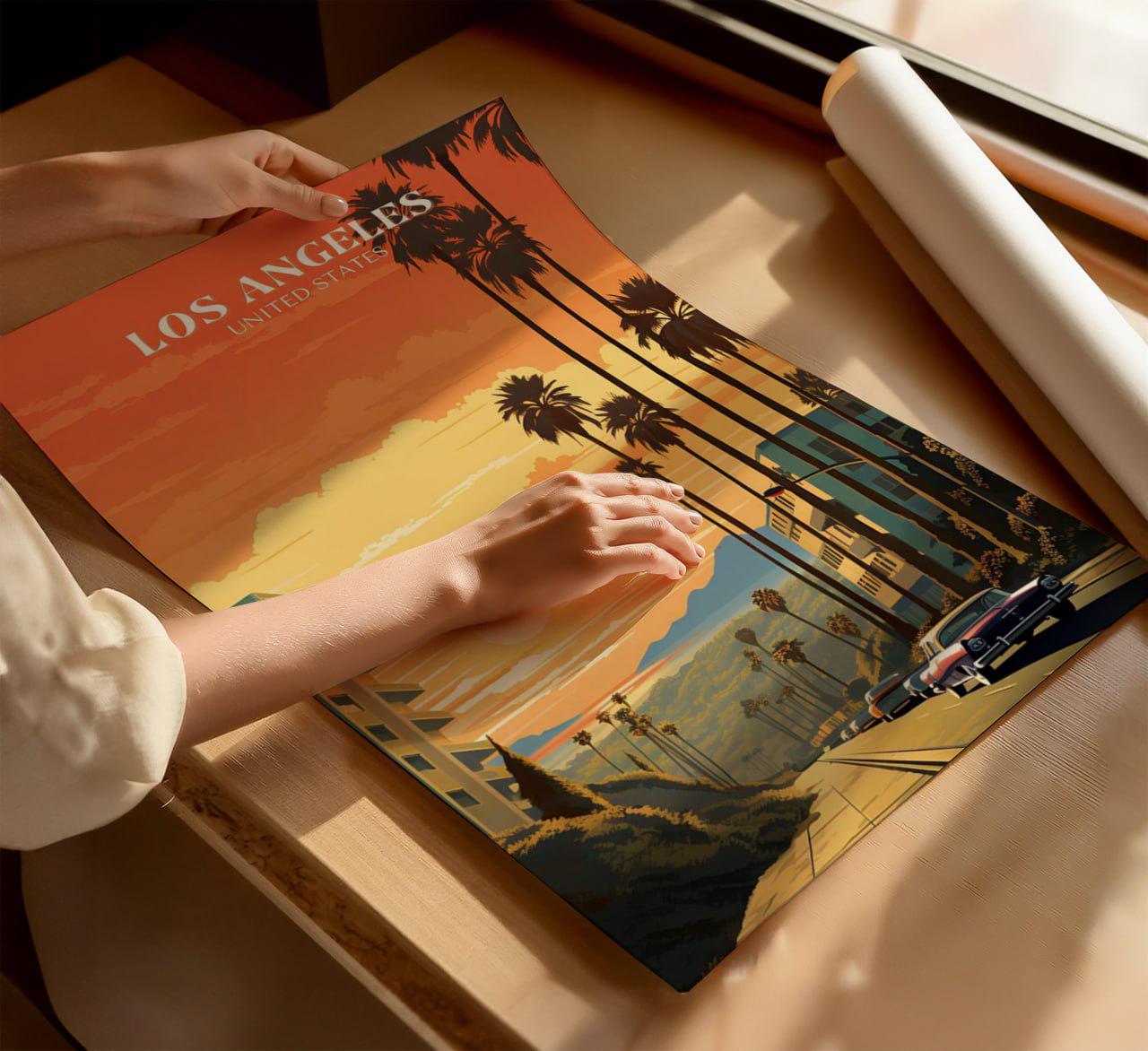 ロサンゼルス旅行ポスター、カリフォルニアの夕日を描いたウォール