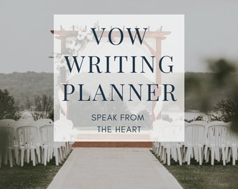 May include: A white aisle runner with white chairs on either side leading to a wooden archway decorated with white flowers. The text "VOW WRITING PLANNER SPEAK FROM THE HEART THE LOVE LIFE GROUP" is displayed on the image.