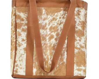 Brown & White Cowhide Leather Tote Bag