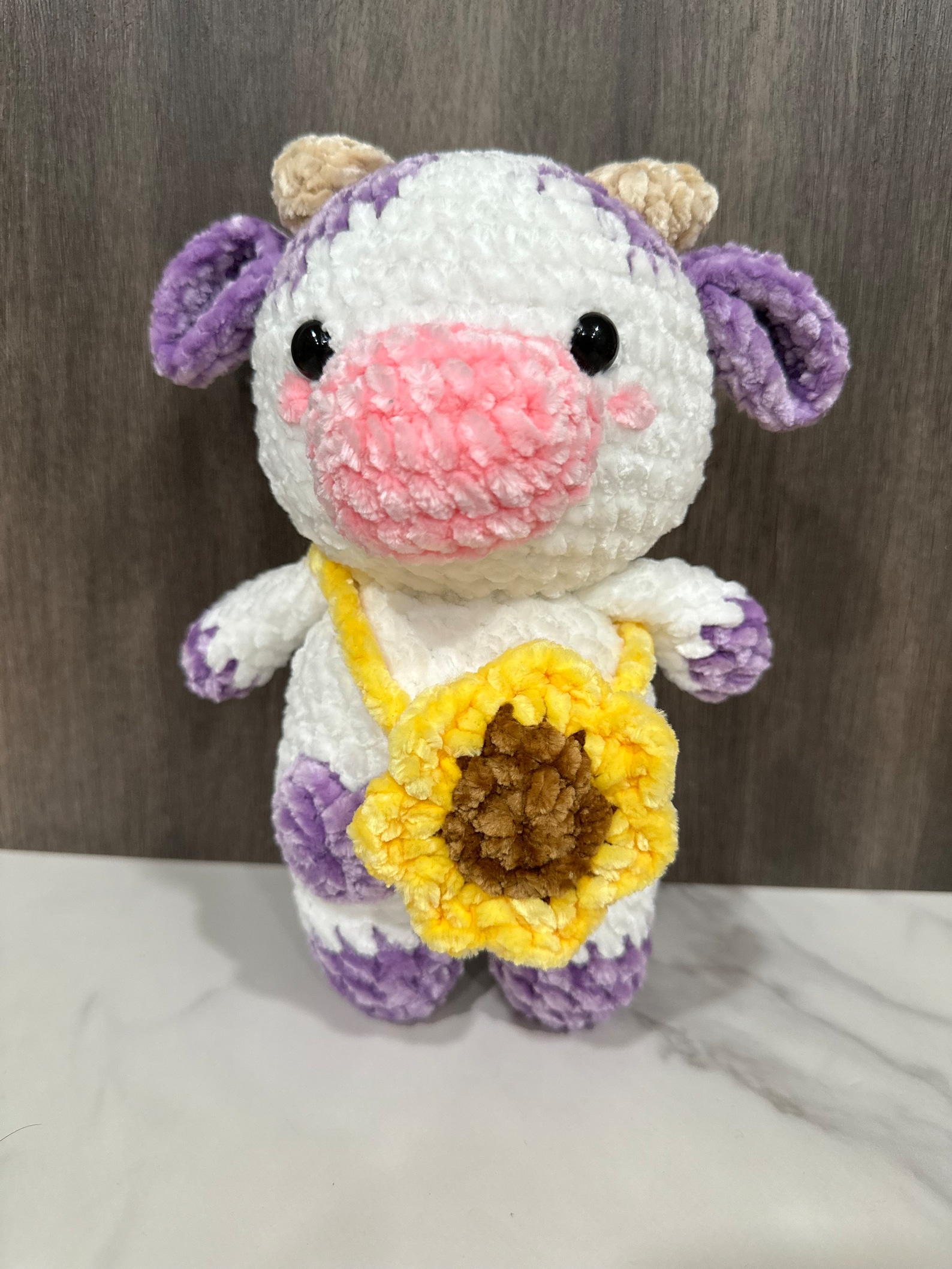Crochet Cow Plushie Handmade Velvet Stuffed Animal With Sunflower Bag