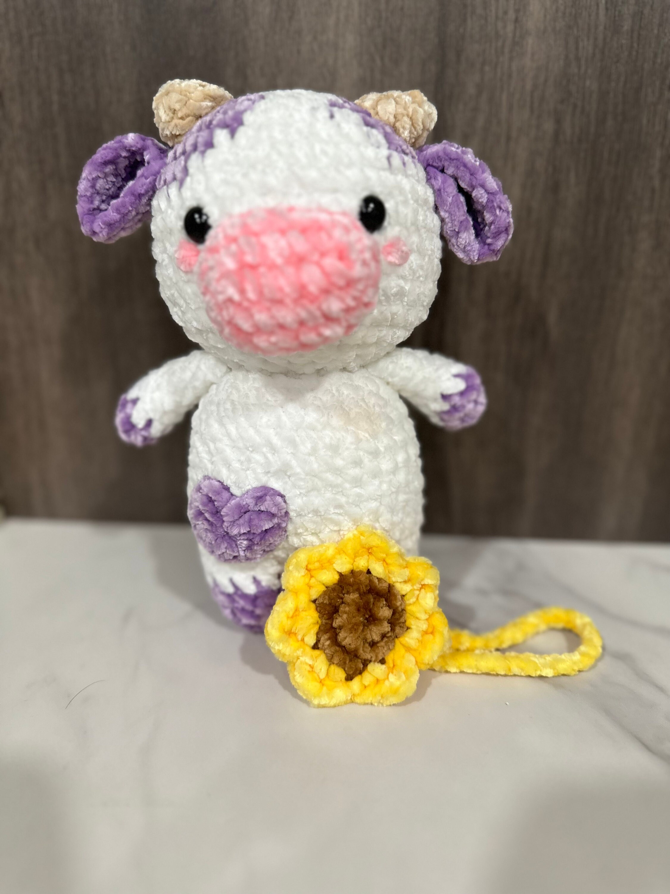 Crochet Cow Plushie Handmade Velvet Stuffed Animal With Sunflower Bag