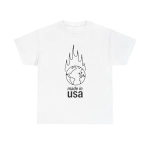 May include: White t-shirt featuring a black graphic of the Earth engulfed in flames, with the text "made in usa" below. The design is centered on the front of the shirt. The shirt is made of a soft, comfortable material.
