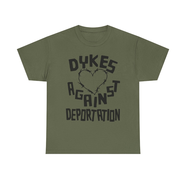 dykes against deportation shirt barbed wire heart tee queer immigrant solidarity abolish ice apparel lesbian protest wear radical pride lgbt migrant justice class war clothing no human illegal activist anti fascist leftist t shirt pride 2025 queer mutual aid detention abolition free them all anti border tee socialist pride unisex graphic the first pride was a riot stonewall t-shirt radical queer liberation no human being is illegal abolish ice abolish borders lesbian anarchist queer anarchism