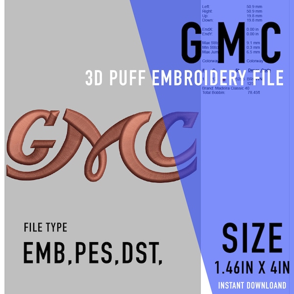 GMC Classic Logo - EMB, dst, pes, - Embroidery File. GM, Chevy, Trokiando, Brother, Ricoma, Tajima. Patch.