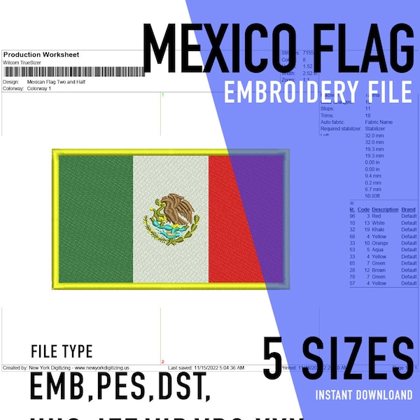 Mexico Flag - Embroidery File, 5 sizes PES, DST, Hus, Jef, Pes, Vip, Vp3, xxx