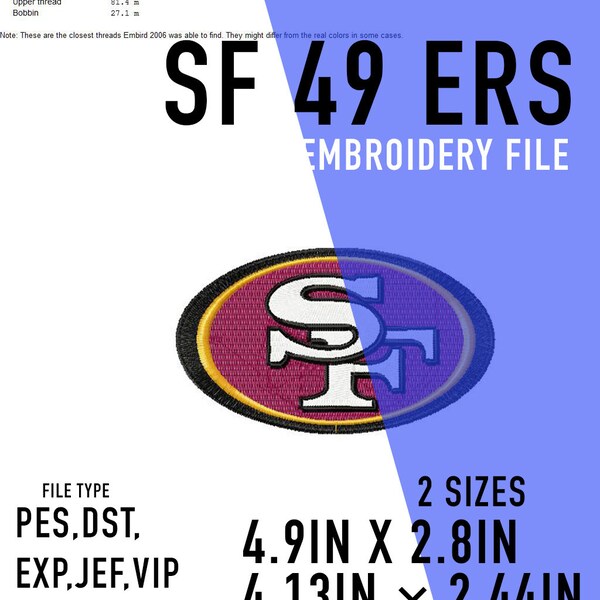 SF San Francisco, 49 ers embroidery file - dst, pes, exp, jef, vip.  2 sizes ,Embroidery. Brother, Ricoma, Tajima. Superbowl, Patch.