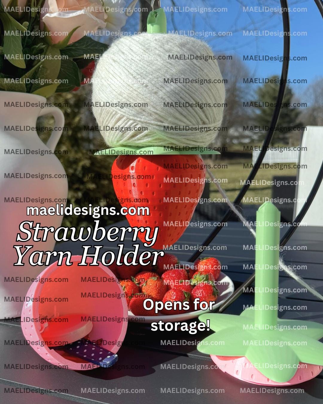 Strawberry Yarn Holder with Storage – Portable Yarn Organizer | Crochet Knitting Tool | 3D Printed / Minder / Dispenser / Spinner