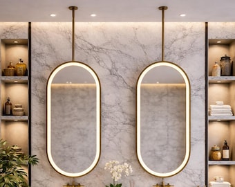 Ovale plafondspiegel met led-verlichting, make-upspiegel met messing lijst