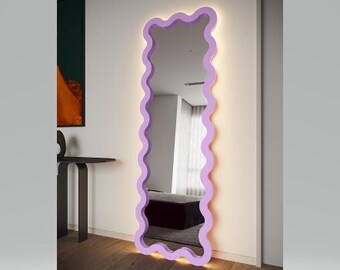 full length floor mirror - colored wood edged mirror - curved large size led mirror - backlit mirror - irregular led mirror - body mirror