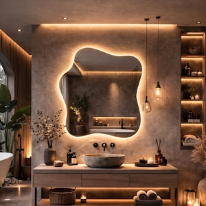 Könnte beinhalten: Ein modernes Badezimmer mit einem großen, organisch geformten Spiegel, der von warmem Licht beleuchtet wird. Ein Holzwaschtisch mit einem Steinwaschbecken, Kerzen und dekorativen Gegenständen befindet sich darunter. Der Raum hat eine neutrale Farbpalette mit Spa-Atmosphäre.