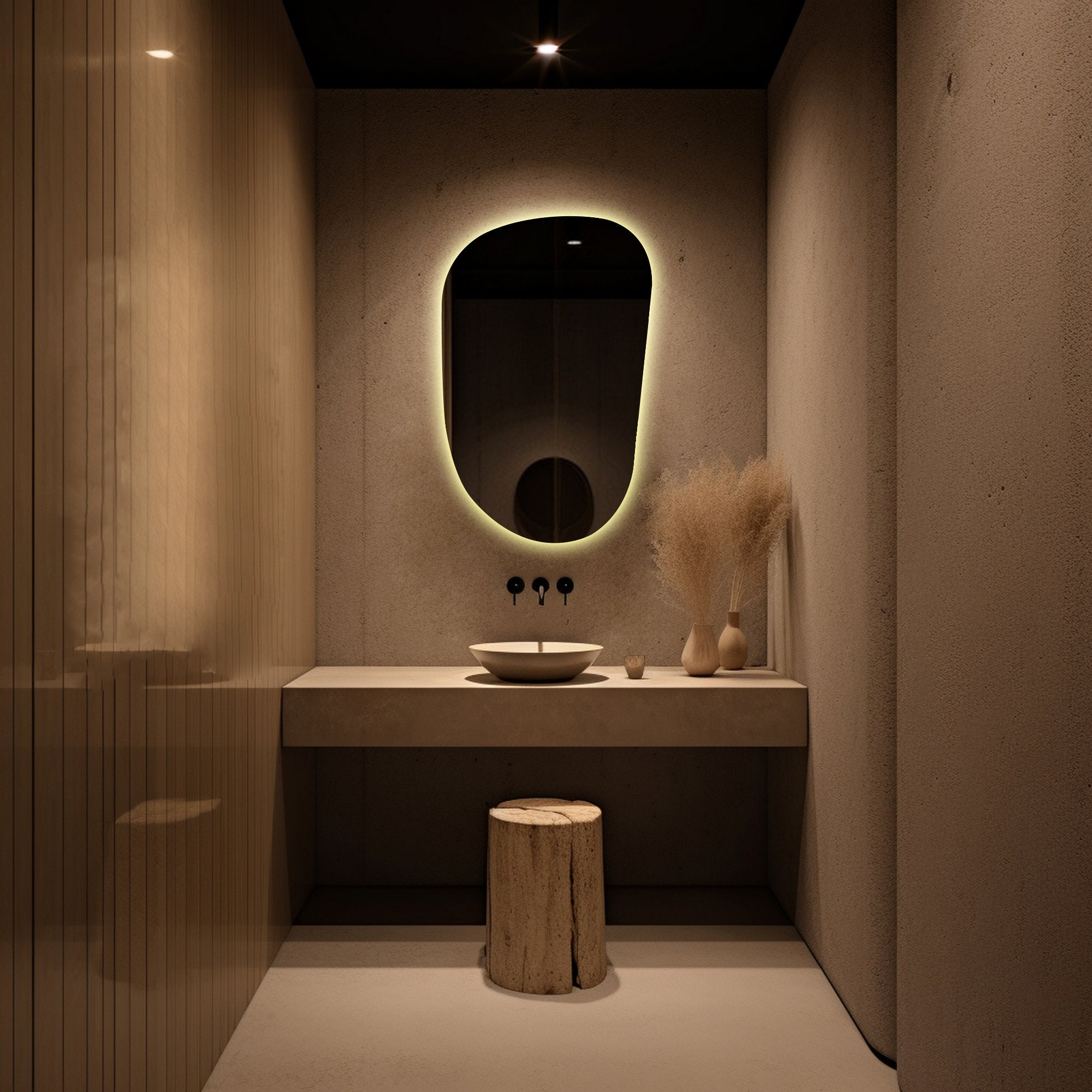 Irregular backlit bathroom mirror - round lighted mirror - wall mounted mirror - framed bathroom mirror - asymmetrical mirror with lights