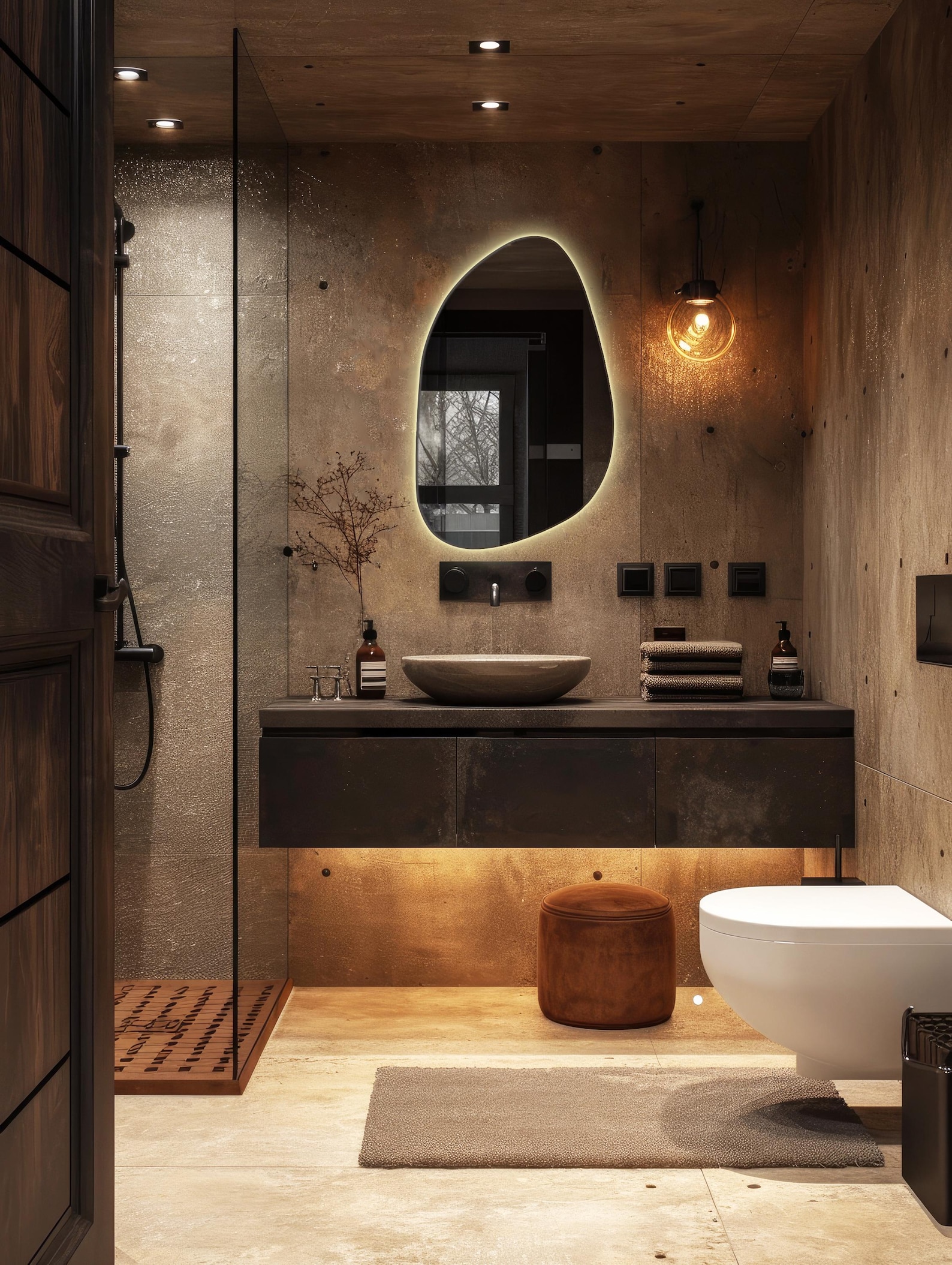 Grand miroir lumineux en forme organique dans une salle de bain aux murs betons cirés et sol travertin