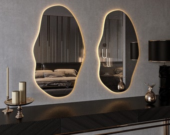 Curvy LED-spiegel - badkamerspiegel - LED-wandspiegel - asymmetrische spiegel - zwart verlichte spiegel - onregelmatige spiegel - LED-spiegel - vloerspiegel