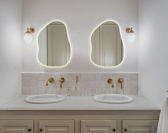 illuminated bathroom mirror - illuminated mirror for bathroom - led mirror - irregular small mirror - wall mirror - home decor - wavy mirror