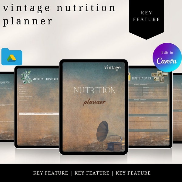 Vintage nutrition planner, diet tracker, meal prep, healthy choices, healthy lifestyle, meal planning,