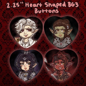 2.25&quot; Baldur&#39;s Gate 3 Chibi Holographic Heart-Shaped Buttons