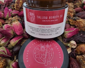 Organic Tallow Balm infused with Myrrh, Opoponax, Rose, Rose hips and hibiscus, 100% Grass fed, healing face and body cream.