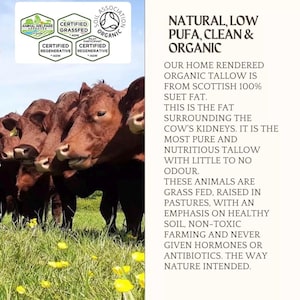 Puede incluir: Un grupo de vacas marrones en un pasto verde con flores amarillas. El texto dice: NATURAL, LOW PUFA, CLEAN & ORGANIC. OUR HOME RENDERED ORGANIC TALLOW IS FROM SCOTTISH 100% SUET FAT. THIS IS THE FAT SURROUNDING THE COW'S KIDNEYS. LOGOS CERTIFICADOS INCLUIDOS.