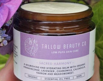 Organic TALLOW balm infused with frankincense and botanicals. Gentle. No essential oils. Face and body cream. Smells amazing