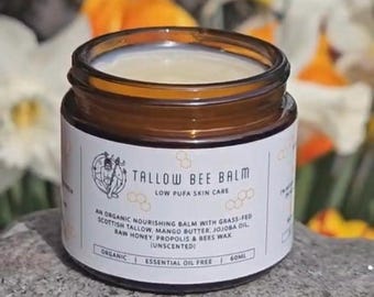 Organic Tallow Bee balm with Propolis, Raw honey and bees wax. Grass fed Beef Tallow. No essential oils. Dry sensitive skin.