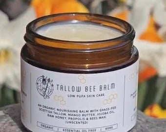 Organic Tallow Bee balm with Propolis, Raw honey and bees wax. Grass fed Beef Tallow. No essential oils. Dry sensitive skin. Smells amazing!