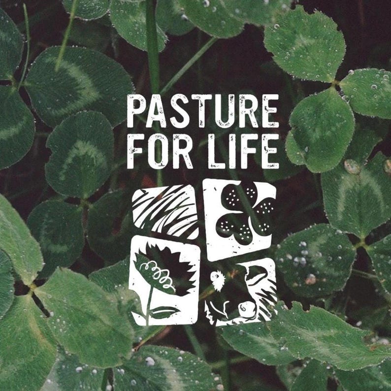 Op de afbeelding: Witte tekst op een groene achtergrond luidt "Pasture for Life". De tekst wordt omringd door vier zwart-wit illustraties: een koe, een bloem, een klavertjevier en een grasveld.