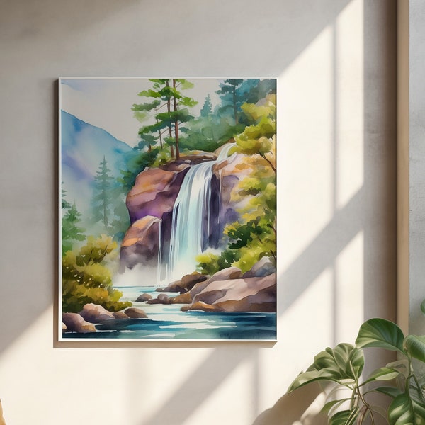 Tranquil Waterfall Landscape Print | Minimalist Boho Nature Art | Peaceful Watercolor Wall Decor | Digital Download | Instant Printable Art