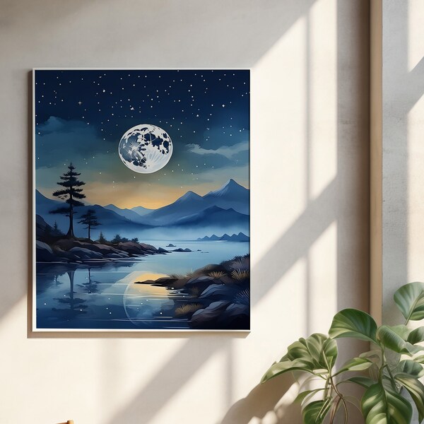 Minimalist Moonlit Night Watercolor Landscape - Tranquil Scene for Meditation, Relaxation, and Resolution - Digital Download