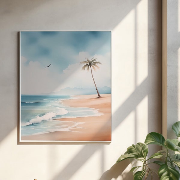 Minimalist Boho Watercolor Landscape Print: Sandy Beach, Calm Ocean, Clear Sky, Palm Tree, Seagull - Digital Download Wall Art