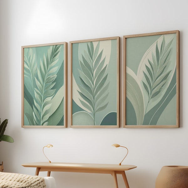 Boho Rainbow Palm Leaves Collage: Mint Green Monochrome | Abstract Era Art | Digital Download | Soft Sage, Dusty Seafoam, Pistachio Green